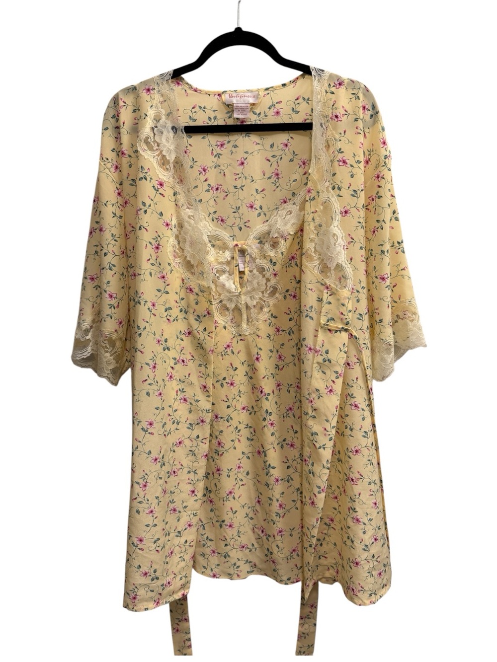 VTG 90s Vertigineux Sz L Chemise Slip Dress & Robe Butter Yellow Floral Lace
